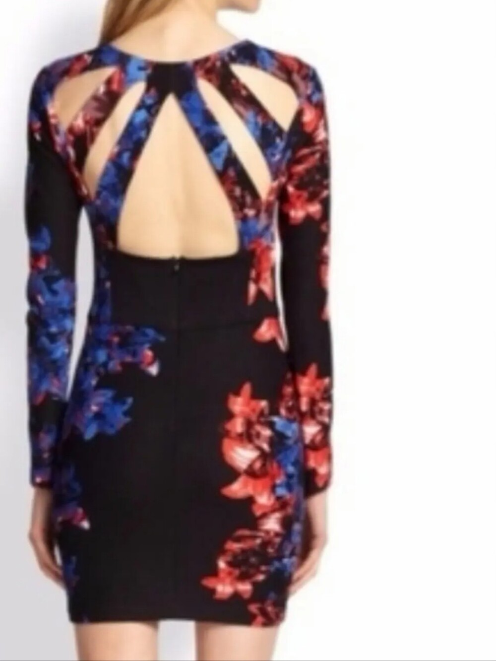 XS Parker floral Black Red Blue Print Black Bodycon Mini Dress
